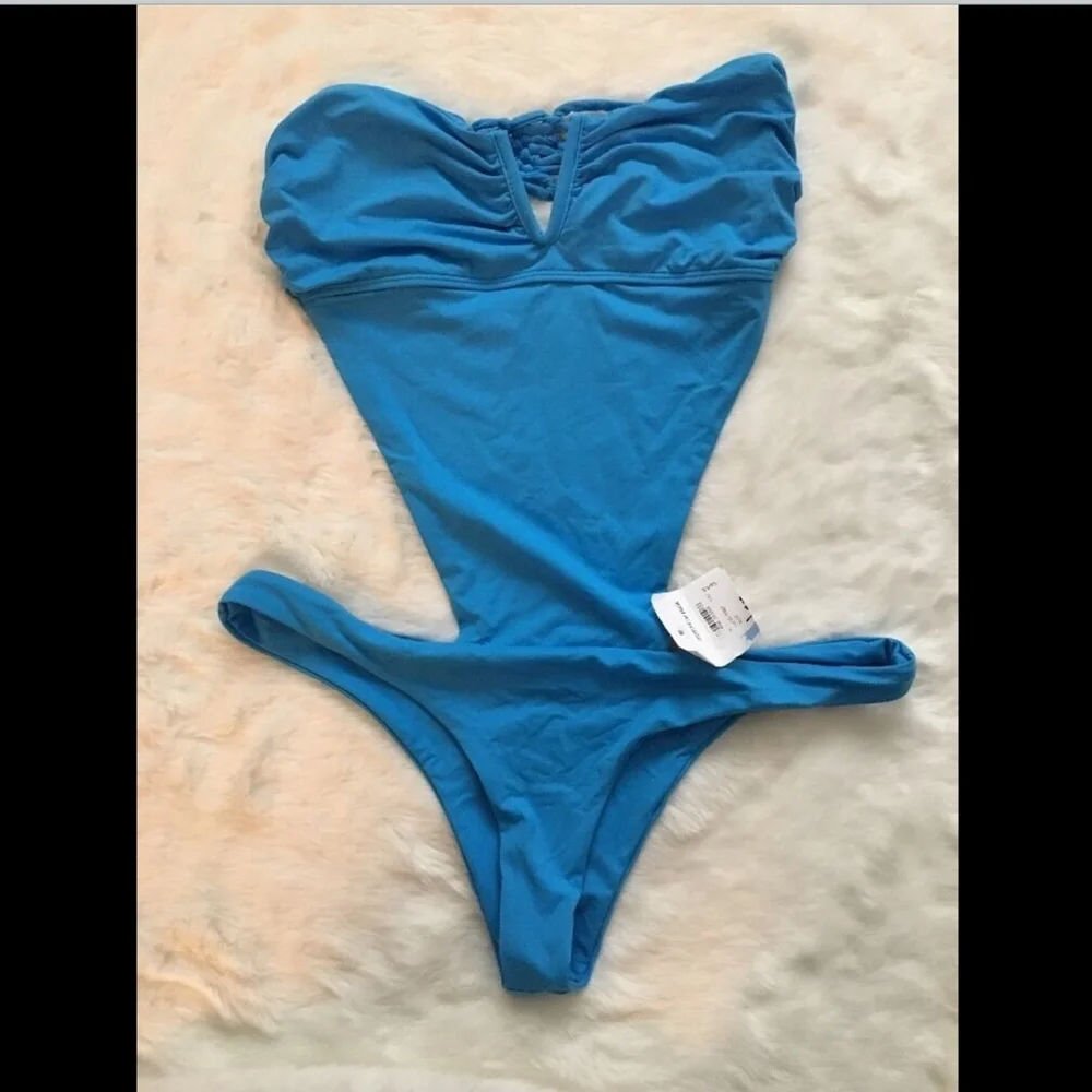 EUC $180 Frankie's Bikinis Cali Cutout One-Piece Swimsuit Azure Blue [SZ L] #706